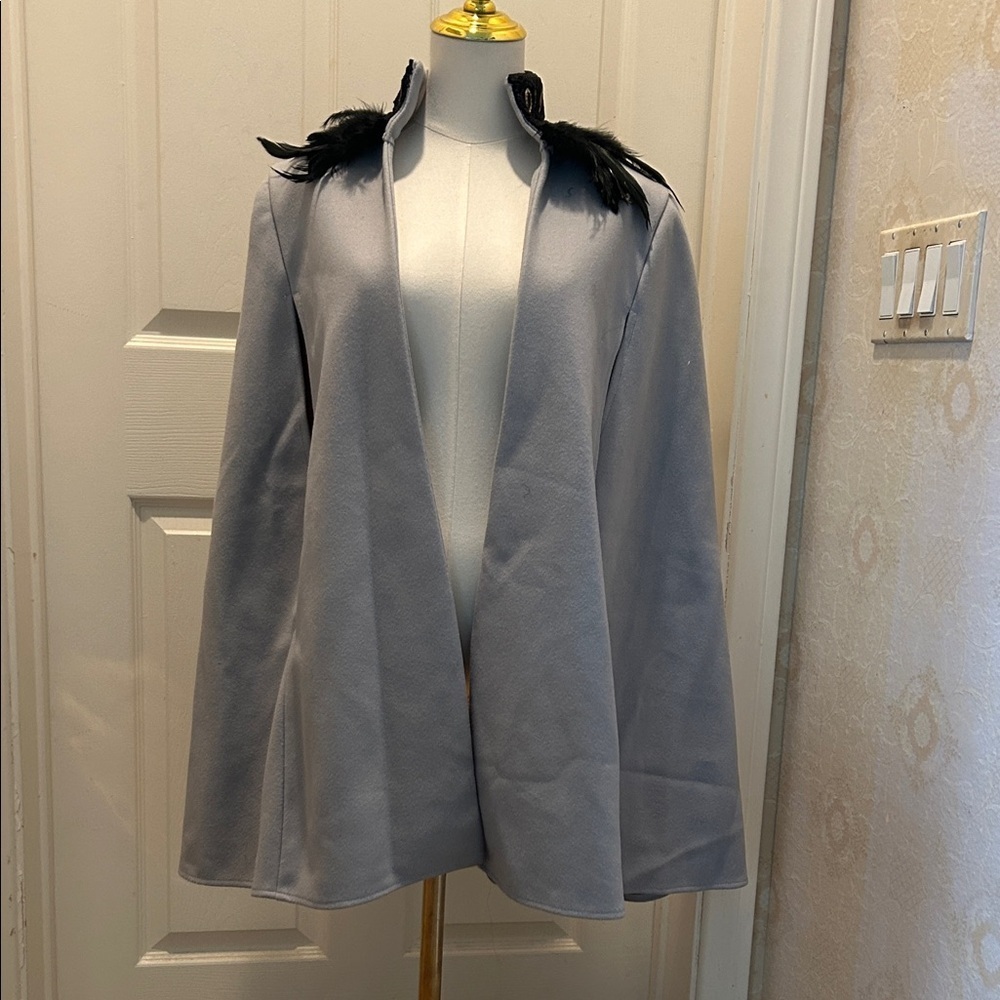 Elegant Gray Women's Cape with Feather Detail